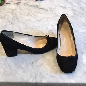Black suede J Crew 2” heels with bow